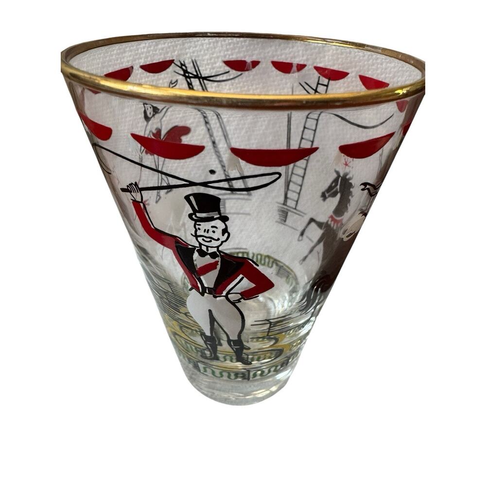 VTG Day at the Circus Horses Glass Acrobats Ringleader Gold Rim‎ Mid Century